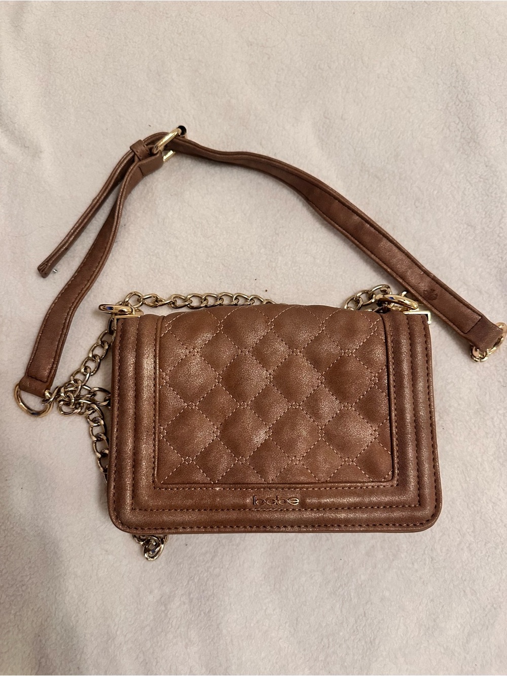 bebe Quilted Brown Crossbody Bag with Gold Chain
